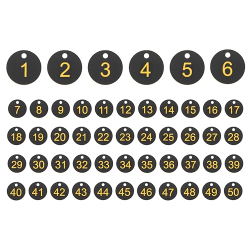 PATIKIL 50PCS Number Tags 1-50, Number Key Tags Plastic Numbered Keychain for Organizer Field Sales Hangers Clothes Labels ID, Black Yellow - color: Black Yellow