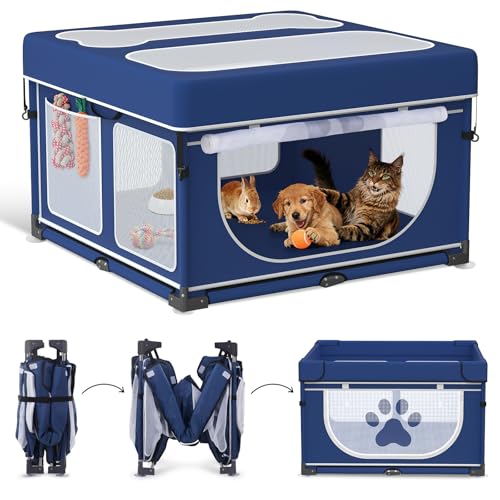 LOOBANI Foldable Dog Playpen with Cover: 1 Min Setup Pet Puppy Playpen Indoor, Sturdy Reinforced Steel/Iron Frame Dog Fence, Portable Whelping Box for Home Dog Cat Rabbit-43.3"x43.3"x27.1"│Patented - color: Blue