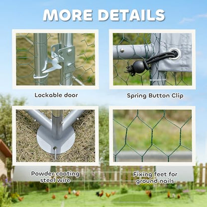 PawHut 9.2' x 31.2' x 6.5' Large Chicken Coop Metal Chicken Run w/Waterproof and Anti-UV Cover, 2 Lockable Doors, Dome Shaped Walk in Hen House for 30-40 Hens, Ducks, Poultry, Outdoor Yard Farm Use - size: 374.0"L x 110.2"W x 77.6"H