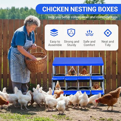 Chicken Nesting Box 8-Hole Roll Away Egg Laying Box with Lid & Stand, Galvanized Steel Rustproof Poultry Coop Box, Easy Clean, Wall Mountable No Bracket Needed for Hens, Blue - color: Blue, size: 8 holes with legs
