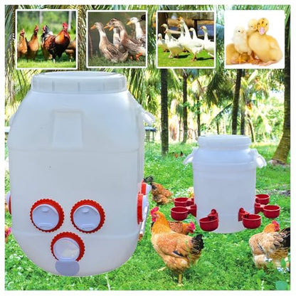 Rainproof Chicken Feeder and Chicken Waterer Set (13 Gallon/60 Pounds) Automatic Chicken Feeder Poultry Feeder Bucket with 10 Ports Chicken Waterer (2.6 Gallon/10L) with 8 Water Cups