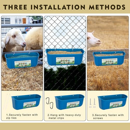 10 Pack Fence Feed Feeder 4.5 Quart Hanging Chicken Feeder Trough with Brush & Scoop Blue Goat Hanging Fence Feeders Feeder with Hooks Screws & Zip Tie for Livestock Feeding Container Goats Supplies - color: Blue, size: 10 Pack