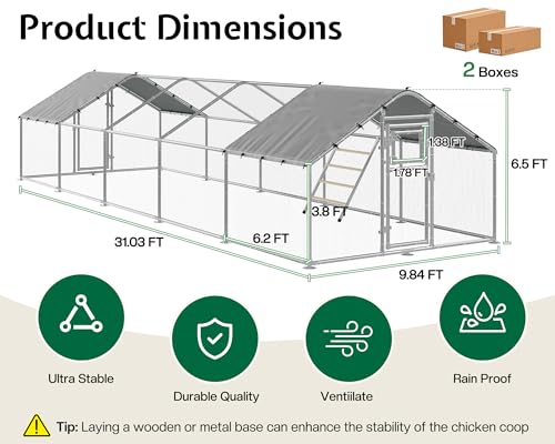 32×10 FT Extra Large Walk-in Chicken Coop, Spire Roof Chicken Run with Cover, Front & Rear Doors, Feeding Door, Roosting Ladder, Galvanized Steel Frame - size: 372.4"L x 118.1"W x 77.6"H