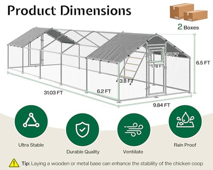 32×10 FT Extra Large Walk-in Chicken Coop, Spire Roof Chicken Run with Cover, Front & Rear Doors, Feeding Door, Roosting Ladder, Galvanized Steel Frame - size: 372.4"L x 118.1"W x 77.6"H