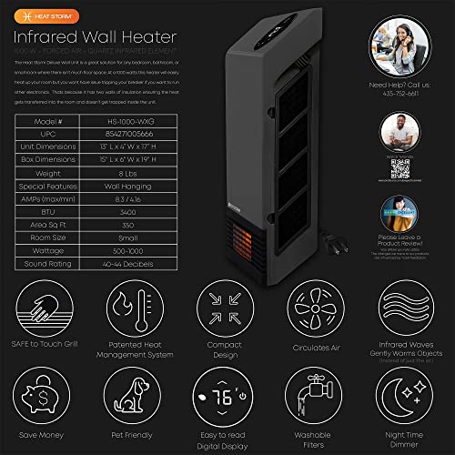 Heat Storm Wall Gray HS-1000-WX Deluxe Indoor Infrared Space Saving-1000 Watts-Remote Control-Home & Office Heater-Safe to Touch Grill, 13x4x17 - color: Gray