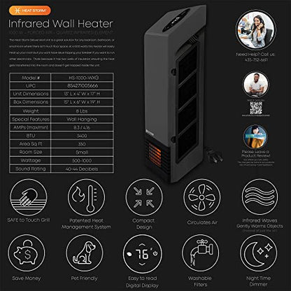 Heat Storm Wall Gray HS-1000-WX Deluxe Indoor Infrared Space Saving-1000 Watts-Remote Control-Home & Office Heater-Safe to Touch Grill, 13x4x17 - color: Gray