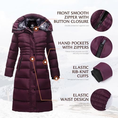 IKAZZ Winter Coats For Women, Long Length Thick Puffer Style, Water-Repellent Fabric, Keeps You Dry and Warm in Rainy or Snowy Weather, Adds Volume and Warmth to Your Winter Wardrobe, Purple XS