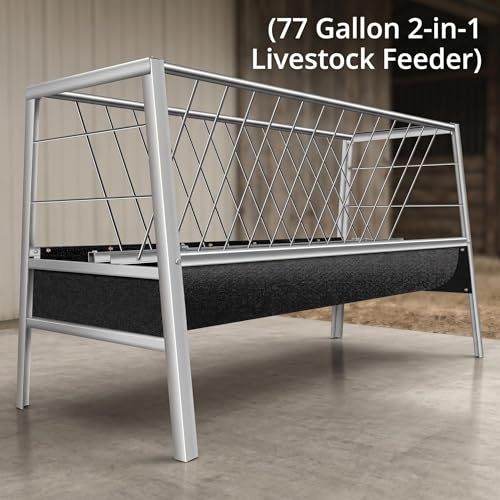 Elevated Goat Feeder, 77 Gallon Stainless Steel Livestock Feeder, 2-in-1 Hay Rack & Rubber Trough, Anti-Waste Hay Feeder for Goats, Calves, Horses, Use in Pasture, Feedlot, Sheep Shed