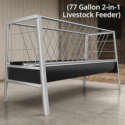 Farm Livestock Feeder, 2-in-1 Stainless Steel Goat Feeder, 77 Gallon Anti-Waste Hay Feeder with Rubber Trough, Heavy Duty for Goats, Sheep, Pigs, Ideal for Barn, Horse Farm, Outdoor Pen