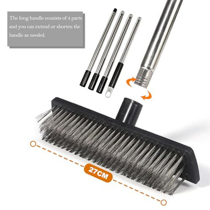 Deck Brush Steel Wire Broom with Long Handle Stiff Scrub Brushes for Cleaning Boat Patio Concrete Moss Remover