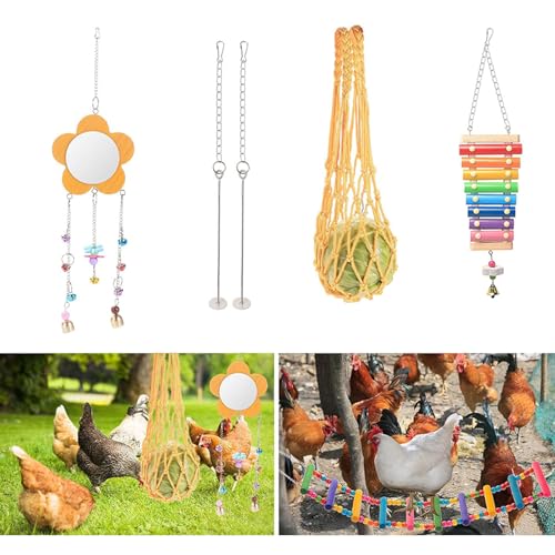 7 Pack Chicken Toys for Coop Accessories, Chicken Xylophone Toy, Chicken Mirror, Chicken Ladder Bridge, Coop Swing, Vegetable Hanging Chicken Feeder, Chewing Foraging Toys, Gifts for Hens