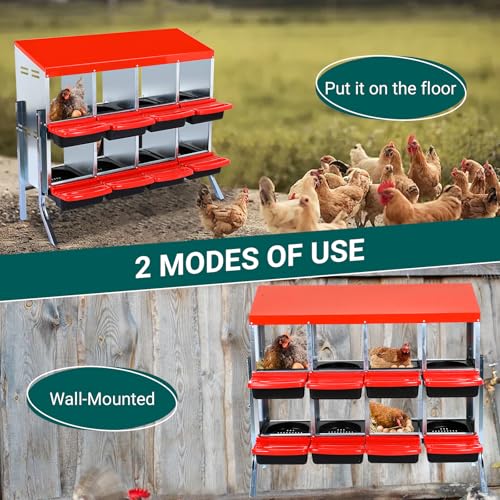 Chicken Nesting Box 8 Compartments - Metal Roll Away Nesting Boxes for Chicken Coop, Egg Collection System, Laying Boxes for Hens with Legs, Lid Cover to Protect Eggs, Easy Egg Collection & Clean