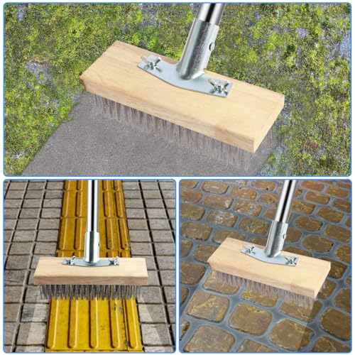 Stainless Steel Wire Floor Brush Wire Broom with 4 Section Detachable Long Pole Heavy Duty Wire Deck Brush Multipurpose Wire Cleaning Brushes for Rough Surface, Concrete Floor, Patio, Garden, Garage