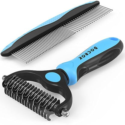 Docrok Pet Grooming Combo - Blue Deshedding Brush with Metal Comb for Detangling and Dematting Long, Matted Fur on Cats and Dogs - color: Blue