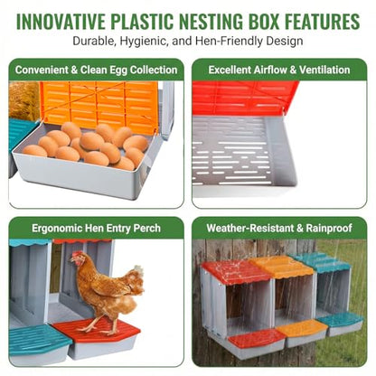 Chicken Nesting Boxes for Chickens, 3-Hole Modular & Detachable Roll-Away Egg Tray, Connectable up to 3 Units, Chicken Coop Accessory for Backyard & Farms