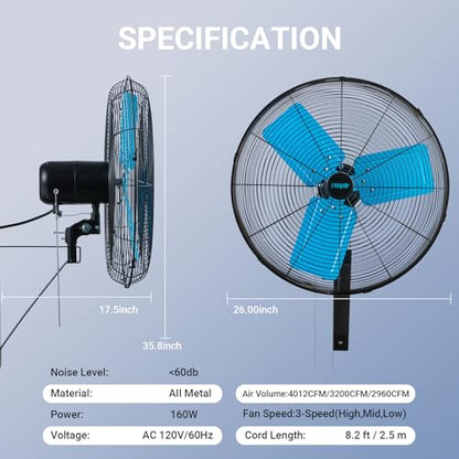 20 Inch Wall Mount Fan Oscillating High-Velocity Fans 5500 CFM, 3 Speed Industrial Wall Fan with 90°Horizontal 30°Tilt Oscillation for Warehouses, Workshops, Factories, Commercial Indoor Greenhouses
