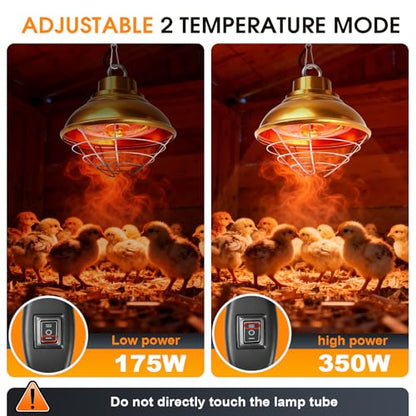 Chicken Heat Lamp,350W Chicken Coop Heater with Carbon Fiber Bulb, Two-Temperature Adjustable and 5.2FT Thickened Power Cord,Winter Hanging Heat Lamp for Chicks,Pets and Poultry