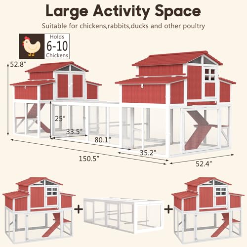 Extra Large Connected Chicken Coop with Center Run for 6–10 Chickens, Dual Wooden Hen Houses, 2-Tier Elevated Design, Nesting Boxes, Pull-Out Tray, Reinforced Frame, Red - color: Red