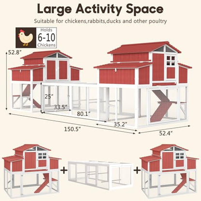Extra Large Connected Chicken Coop with Center Run for 6–10 Chickens, Dual Wooden Hen Houses, 2-Tier Elevated Design, Nesting Boxes, Pull-Out Tray, Reinforced Frame, Red - color: Red