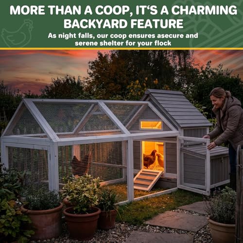 83'' Large Chicken Coop Outdoor with Run, Wooden Chicken Coops with Two Nesting Boxes, Pull-Out Trays, 4 Perches for Backyard, Poultry Cage House with Ramp for Hen, Bunny, Duck, Grey - size: 82.9"L x 57.9"W x 39.4"H