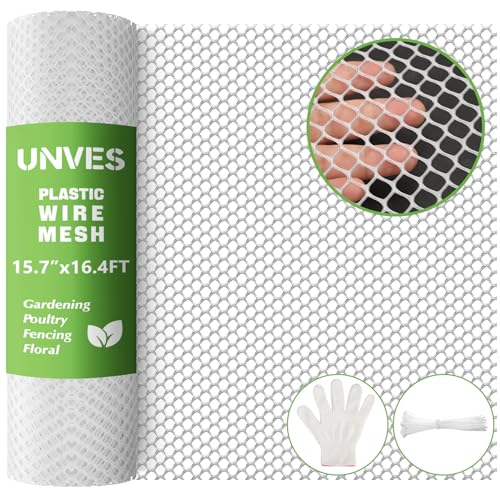 Unves Plastic Mesh Wire, 15.7IN x 16.4FT Plastic Chicken Wire Fencing Roll, Hexagonal Garden Fencing Netting for Garden Beds Dogs Cat Animal Barrier, Outdoor Yard Floral Poultry Netting Roll, White - color: White, size: 15.7 IN x 16.4 FT