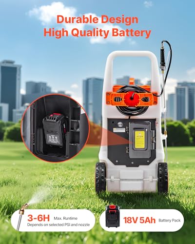 VEVOR 13.1 Gallon Battery Powered Sprayer with Wheels, Adjustable 0-80 PSI, 5 Nozzles and 98ft Hose Included, Orange - size: 13.1 Gal