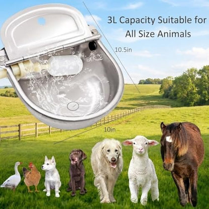 Automatic Animal Water Bowl with Float Valve, Stainless Steel Self-Filling Drinking Trough with Drain Hole, Farm Dog & Livestock Waterer for Horse, Goat, Cattle
