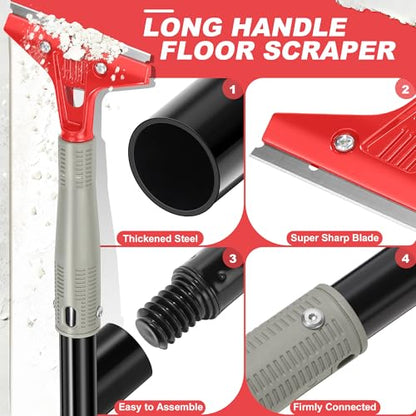Floor Scraper Long Handle Heavy Duty (30"-58" Adjustable), 4 Inch Razor Blade Scraper Tool for Cleaning Floor Wall Glass Tile Paint Sticker Gum, 10 Extra Blades