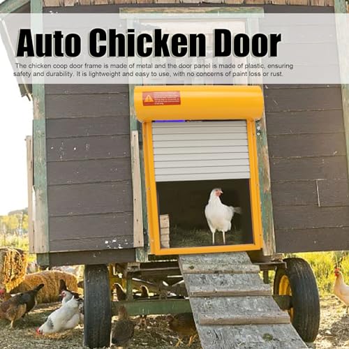 Automatic Chicken Coop Door, Solar Powered Timer Control with LED Display for Poultry Safety Duck Goose Farm, Metal Plastic Construction (Yellow) - color: Yellow