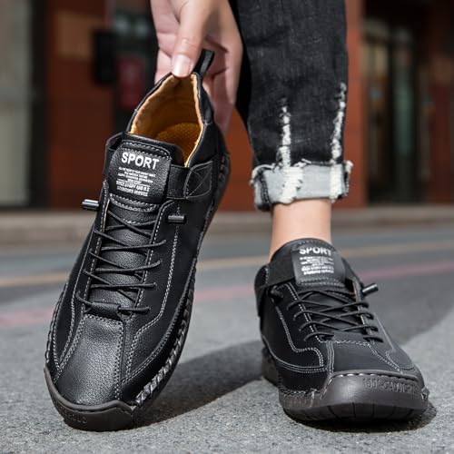 Womens Hand Stitching Leather Slip-On Ankle Boots with Adjustable Elastic Band Casual Lightweight Non-Slip Walking Loafers Retro High Top Flat Boat Shoes - color: Black, size: 5 Wide
