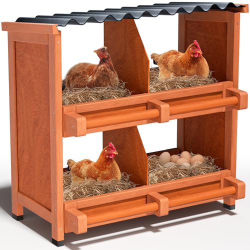2-Tier Chicken Nesting Box, 4 Compartment Wooden Nesting Box for Chickens with Waterproof Roof, Non-Slip Stable Base, Heavy Duty Chicken Laying Boxes for Hens, Duck, Poultry, Bird, Orange - size: 28.2"L x 12.6"W x 29.8"H