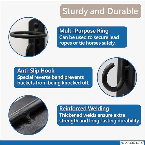 NACETURE Bucket Hooks for Horse Stalls – Anti-Tip Design Feed & Water Bucket Holders, Heavy Duty Stable Barn Fence Accessories – Black Metal Hangers for Horses