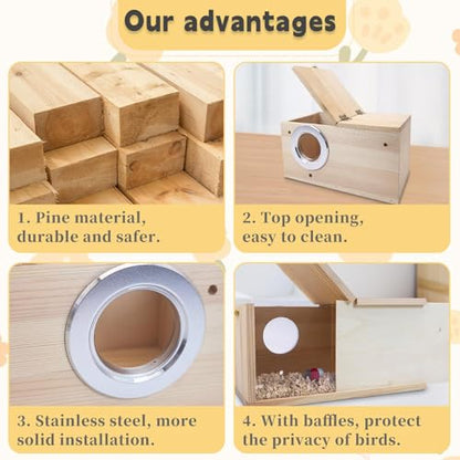PINVNBY Parakeet Nesting Box, Detachable Board Acrylic Bird House for Cage with Coconut Fiber, Natural Wood Breeding Box for Cockatiel Budgie Lovebirds Conure Finch Parrot (M: 9.8 * 5.3 * 5.3 inch)