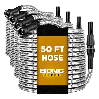 BIONIC STEEL 50 Ft Metal Garden Hose with Sprayer Nozzle,Non Kinking Stainless Steel Heavy Duty Hose 50Ft x 5/8 in. Ultra Flexible NON Expandable for Uninterrupted Water Flow,500 PSI,(Pack of 4) - size: 50' (Pack of 4)