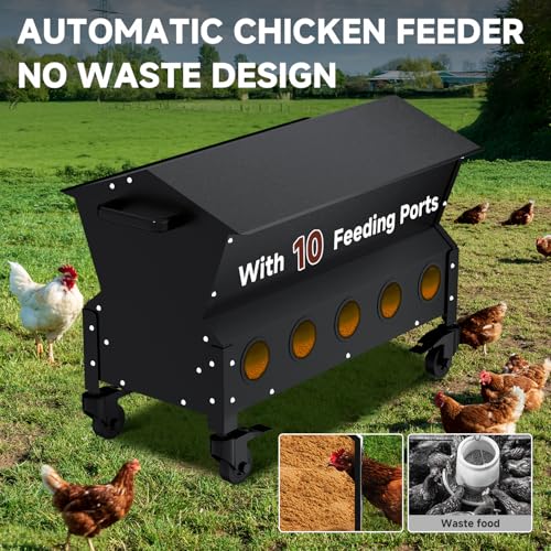 120 LBS Large Automatic Chicken Feeder, Heavy-Duty Galvanized Steel Poultry Feeder Kit, Waterproof & Rodent-Resistant Gravity Dispenser, No-Waste Design for 16-24 Hens, Holds 3 Bags of Feed - color: Black