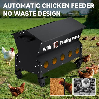 120 LBS Large Automatic Chicken Feeder, Heavy-Duty Galvanized Steel Poultry Feeder Kit, Waterproof & Rodent-Resistant Gravity Dispenser, No-Waste Design for 16-24 Hens, Holds 3 Bags of Feed - color: Black