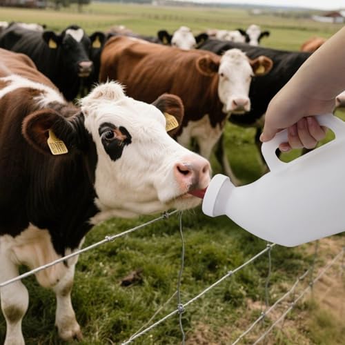 2.64 Quart High-Capacity Horizontal Milk Bottle Calf Feeder Bottles with Handle and Silicone Nipple，Farm Cow Milk Feeder, Livestock Supplies (White/red)