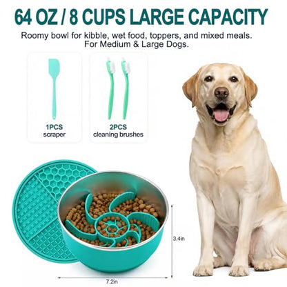 Large Dog Bowl 8 Cups Stainless Steel with Slow Feeder Insert and Lick Mat Storage Lid, 3-in-1 Non-Slip Pet Bowl for Kibble, Wet Food,Travel