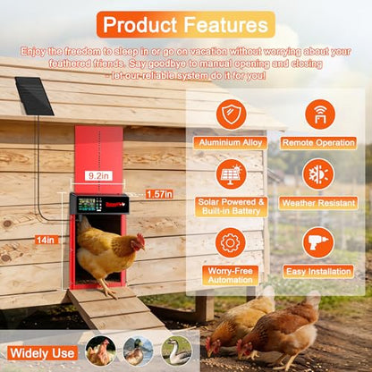 Solar Automatic Chicken Coop Door, Programmable Remote Control with 6 Modes, Aluminum Auto Chicken Door with Color LCD Display, Anti-Pinch Safety