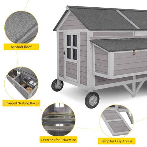 Aivituvin Chicken Coop Mobile Outdoor Hen House with Large Wheels Durable Wooden Poultry Cage with 2 Nesting Box for 3-8 Chickens 68.1’’ (68.11'' × 53.94'' × 49.02'') - size: 68.11"L x 53.94"W x 49.02"H