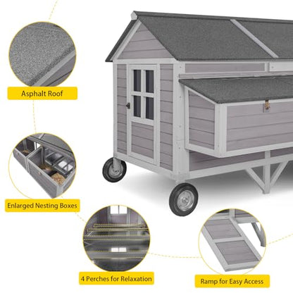Aivituvin Chicken Coop Mobile Outdoor Hen House with Large Wheels Durable Wooden Poultry Cage with 2 Nesting Box for 3-8 Chickens 68.1’’ (68.11'' × 53.94'' × 49.02'') - size: 68.11"L x 53.94"W x 49.02"H