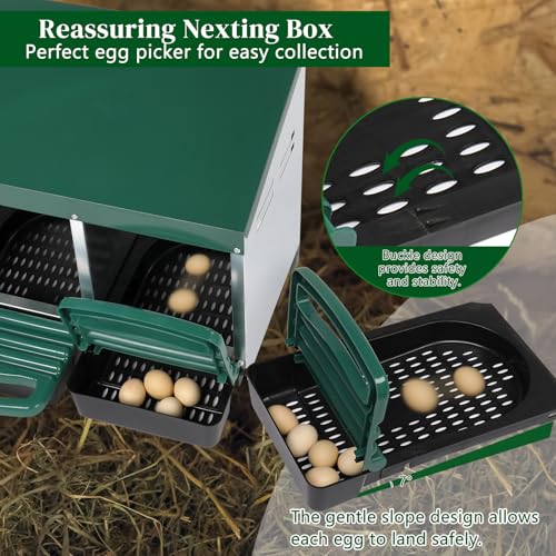 3 Compartment Roll Out Chicken Nesting Box with Plastic Basket, Egg Nest Box Chicken Laying Box Hens Chicken Coop Box with Swing Perch and Roll Out Egg Collection for Chicken Coop, Green - size: 3 Compartment