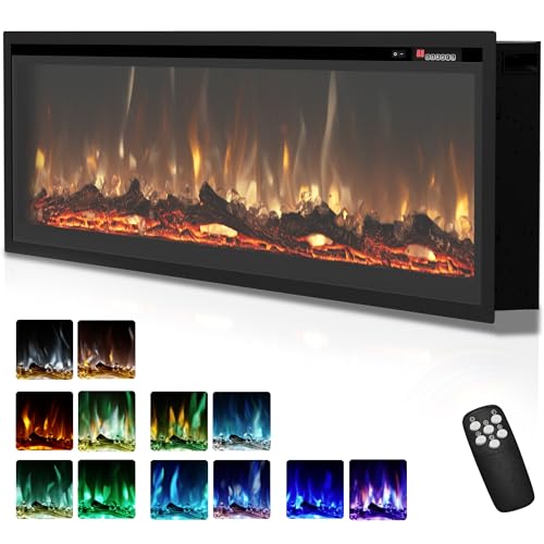 EUHOMY 50 Inch Electric Fireplace Recessed Wall Mounted Freestanding with Remote Control, Ultra-thin Fireplace Heater with Adjustable Flame Color, Linear Fireplace with Timer, Log & Crystal, 750/1500W - size: 50 Inch Premium