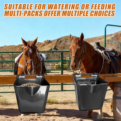 Horse Feed Bucket,15 Quart Plastic Hook Over Horse Feeder for Easy Hanging,Mountable Heavy Duty Livestock Feeders for Horses Sheep Cattle Cows (6)