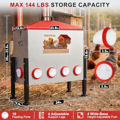 Automatic Chicken Feeder, 130LB Large Chicken Feeder with 10 Feeding Ports, No Waste Metal Poultry Feeder, Rat Proof Design, View Window, Height-Adjustable Legs for Ducks, Geese & Chickens - size: 10 Ports - Max 130 lb
