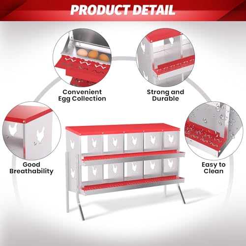 IDEALHOUSE Chicken Nesting Box, Galvanized Steel Laying Box with Rustproof & Roll-Away Egg Design, for Hens, Red 10 Compartment with Bracket - color: Red, size: 10 compartments (with bracket)