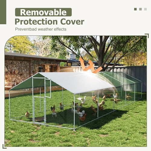 Large Metal Chicken Coop,19.7x9.8x6.4 FT Chicken Run for Yard with Waterproof & Anti-UV Cover,Walk in Chicken Pen with Feeding Door (32.8 * 9.8 * 6.4 ft) - size: 32.8*9.8*6.4 ft