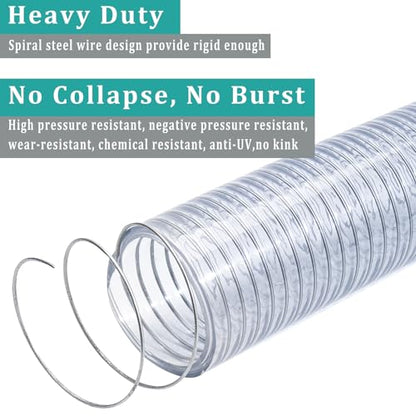 Flexible Hose 1 1/2" id - 25ft Clear PVC Spiral Steel Wire Reinforced Vinyl Tubing 1.5 inch Plastic Vacuum Pipe Flex Suction Hose for Dust Collection Boat Marine Pump, Drain Water Fuel Gas - size: 1 1/2" ID, style: 25 ft
