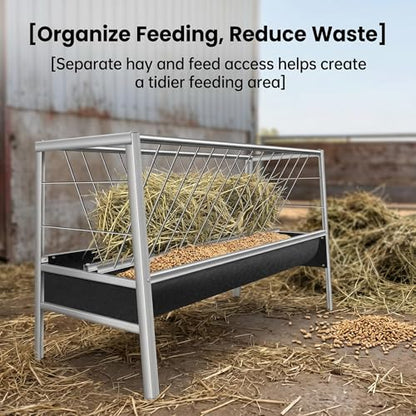 77 Gallon Hay Feeder, Stainless Steel Goat Feeder for Goats Sheep Calves and Horses, Anti-Waste Goat Feeder with Rubber Trough Livestock Feeder