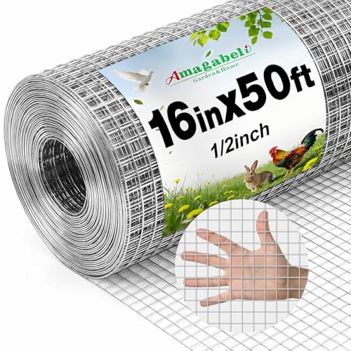 Amagabeli Ture 19 Gauge Hardware Cloth 1/2 inch 16 in x 50 ft Premium Galvanized After Weld Chicken Wire Mesh Roll Fencing Plant Supports Poultry Netting Rabbit Cage Snake Gopher Fence Coop - size: 1/2" 16"x50'
